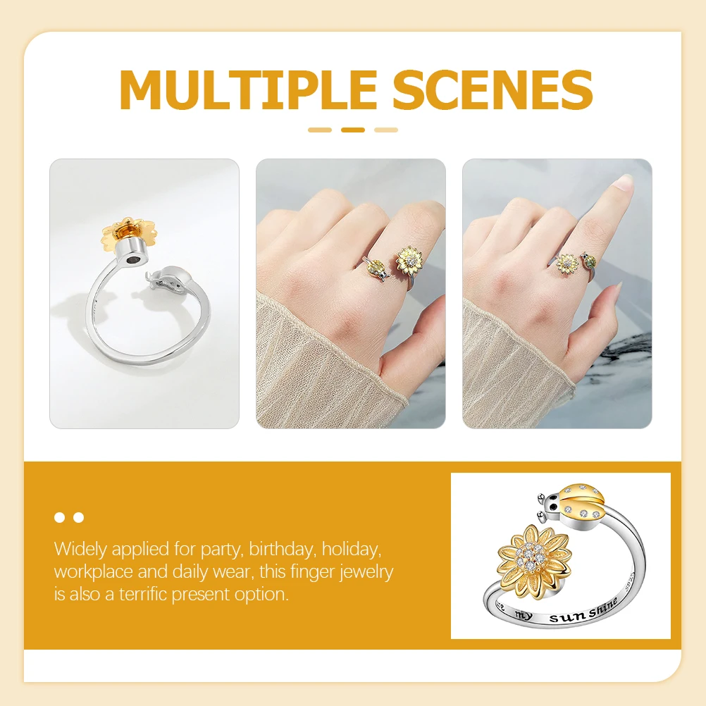 Sunflower Rings for Women Ladybug Adjustable Copper Ring Sturdy Durable Fidget Jewelry Birthday Party Daily Wear Open Design