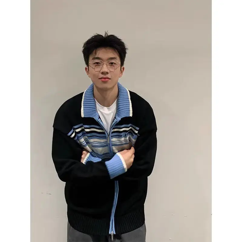 

Retro American Striped Ne f Zip Knitwear Sweater for Men And Women Autumn Winter Couple's Long Sve Busin Casu...