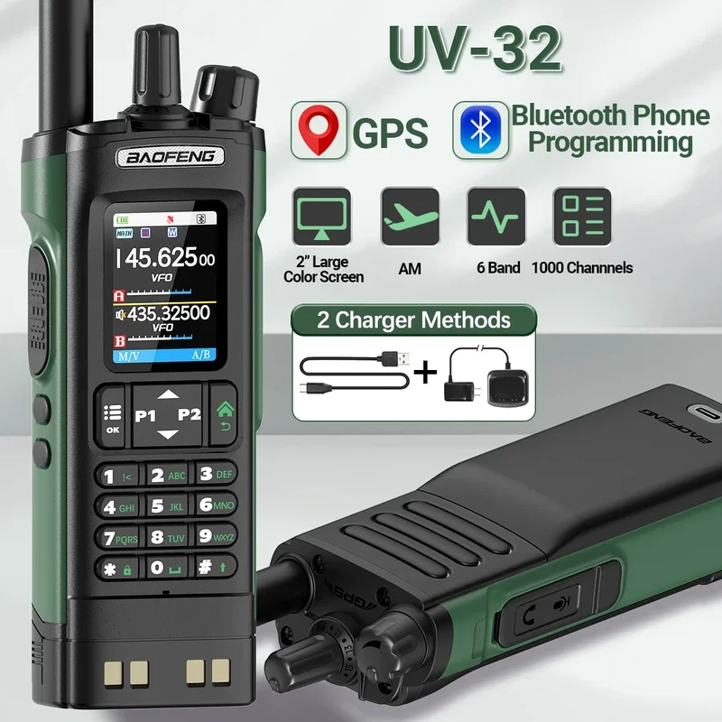 BAOFENG UV-32 GPS Walkie Talkie Air Band 10W 1000CH Long Range Bluetooth Programming Two Way Radio For Hunting Hotel Fleeting