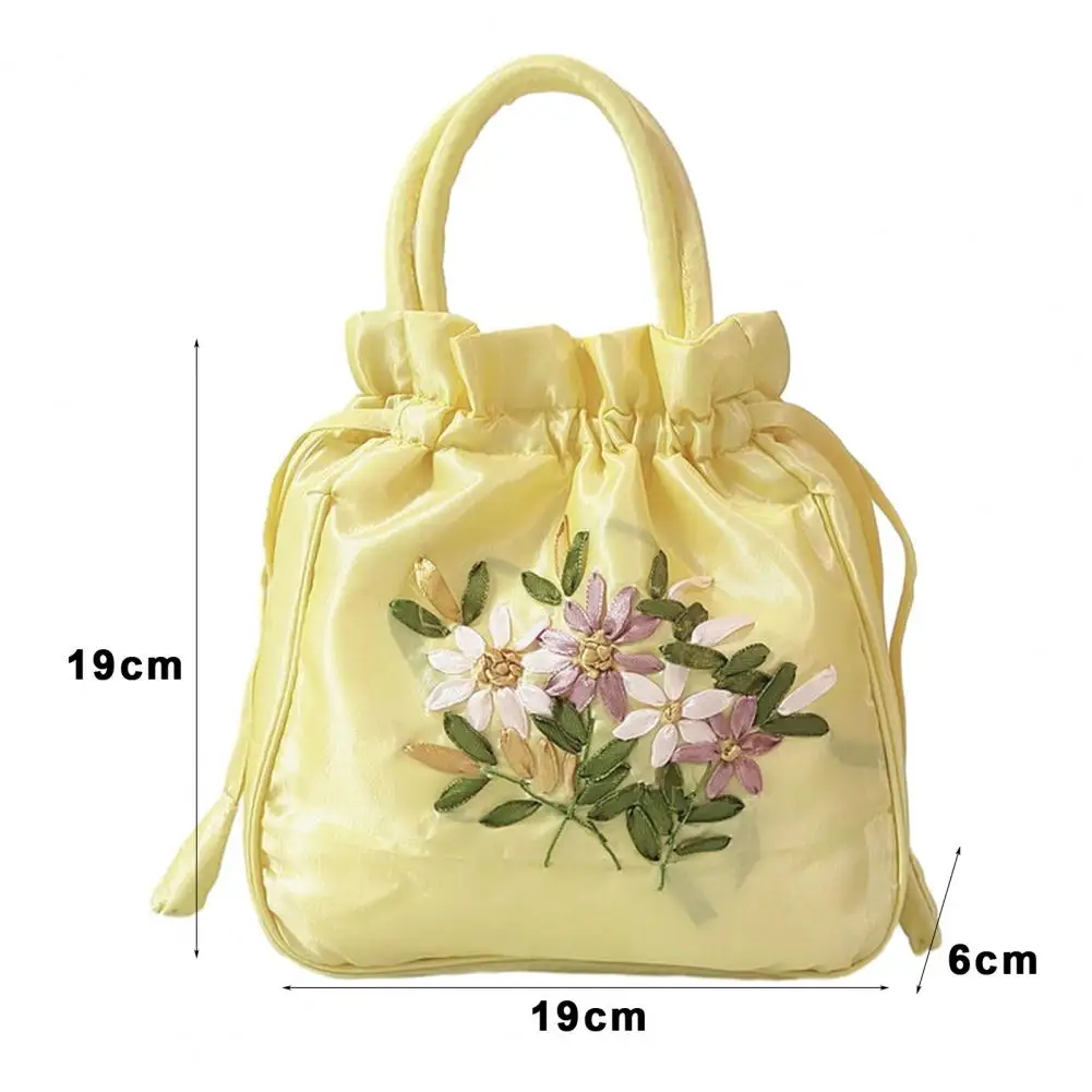 Drawstring Handbag Vintage Flower Pattern Ethnic Faux Silk Purpose Bag Large Capacity Handle Women Bucket Bag Makeup Pouch