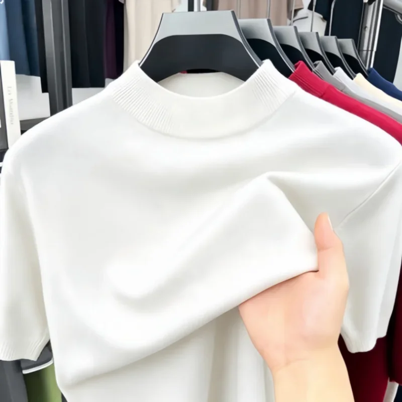Herren Einfarbige Mock-Neck Kurzarm-Strick-T-Shirts Lässige Basis-Oberteile Weich Dehnbar Knitterfrei Für Alle Jahreszeiten Geeignet