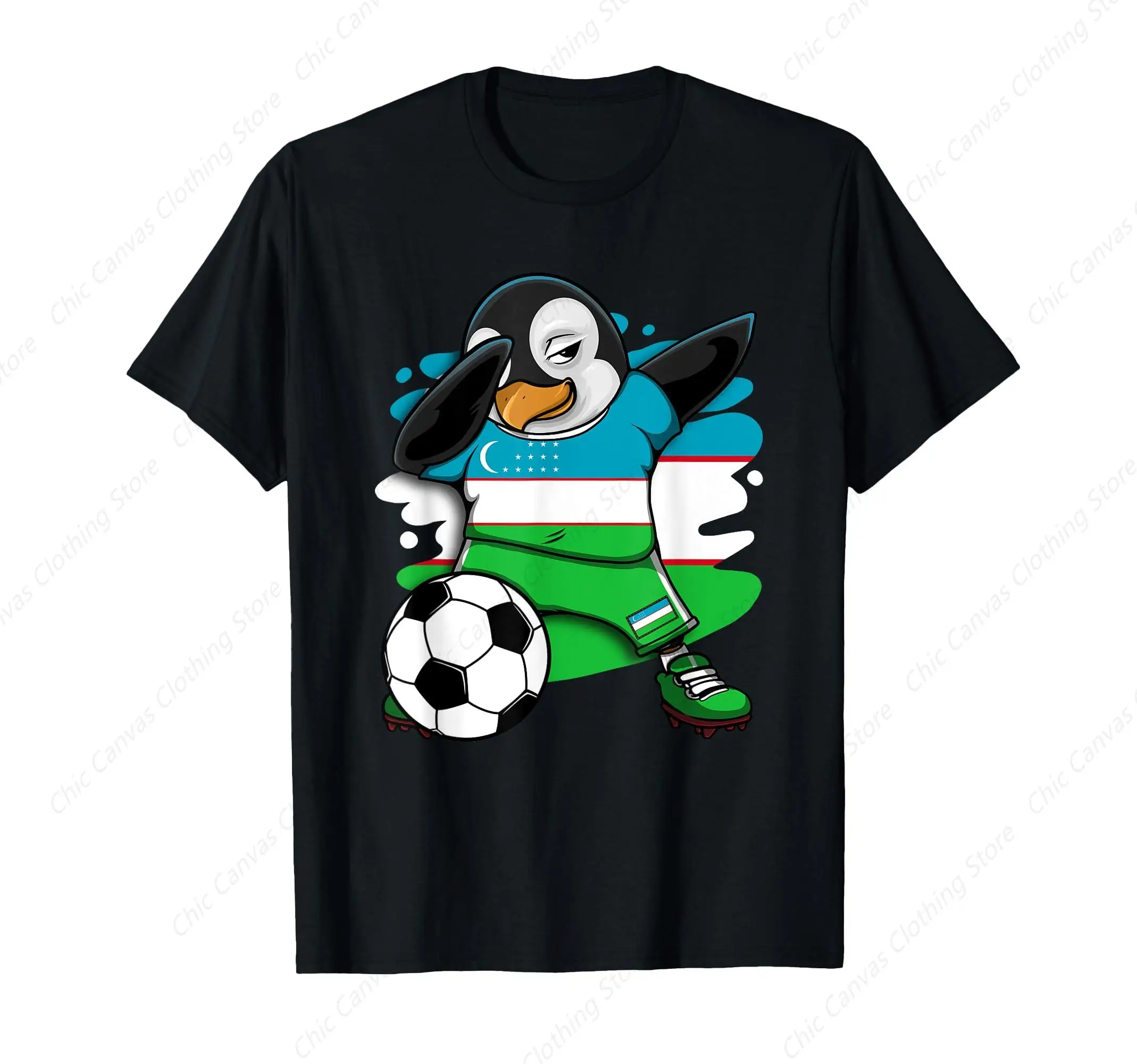 

Dabbing Penguin Uzbekistan Fan Uniform Football Enthusiast T-Shirt Fun Printed Casual Clothes For Men And Women