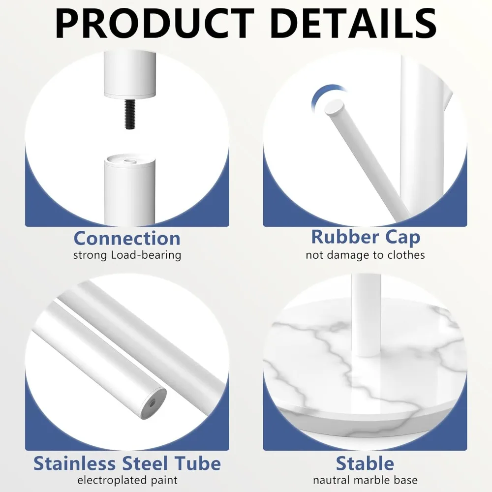 رف معطف معدني قوي قائم بذاته مع 8 خطافات وقاعدة من الرخام الطبيعي، تصميم حديث للاستخدام المنزلي أو المكتبي