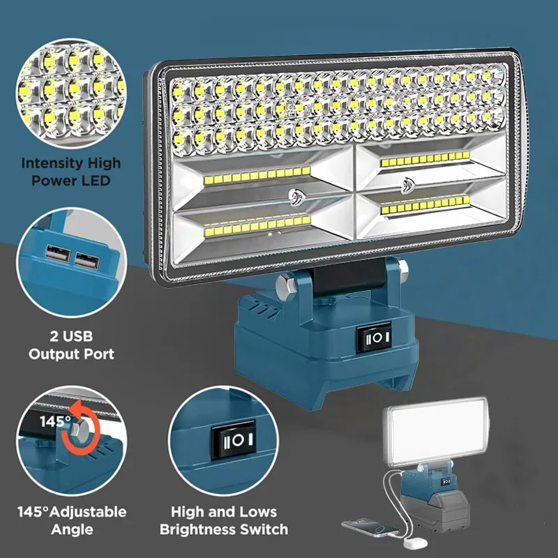 

8Inch Led Light Work for Makita 18V Battery BL1830 Portable Spotlights Cordless Outdoor Emergency lamp with 2 USB Charging Port