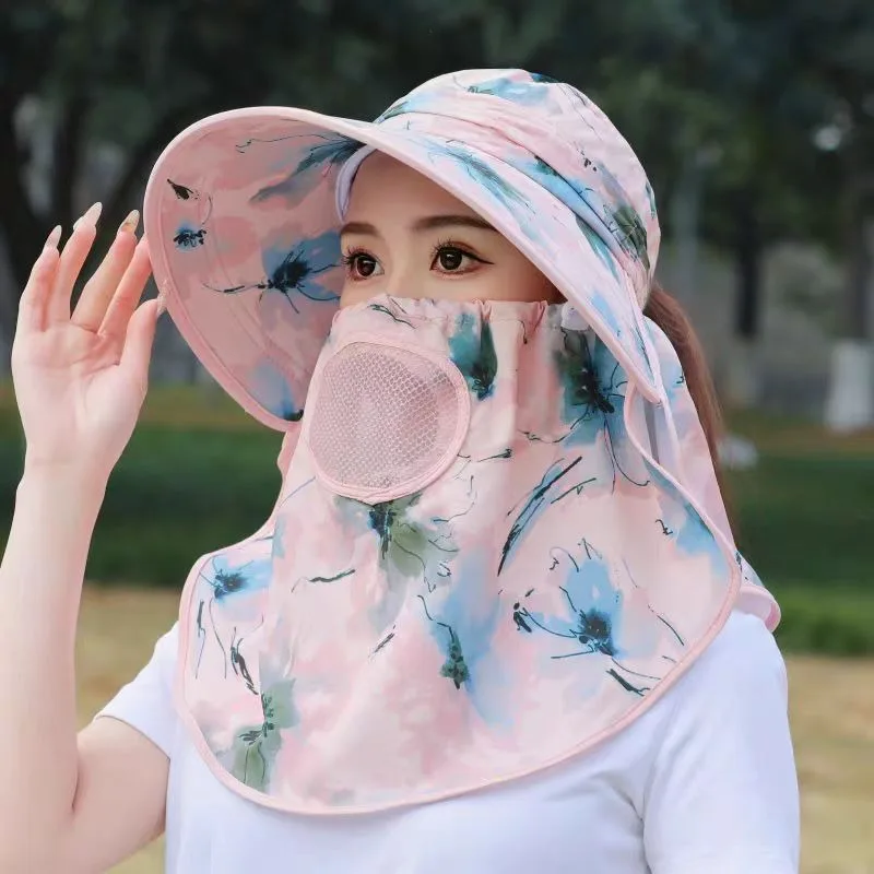 Lightweight Women Summer Sunscreen Full Face Sun Hat with Wide Brim Breathable Outdoor Work Tea Picking Mask UV Protection Cap