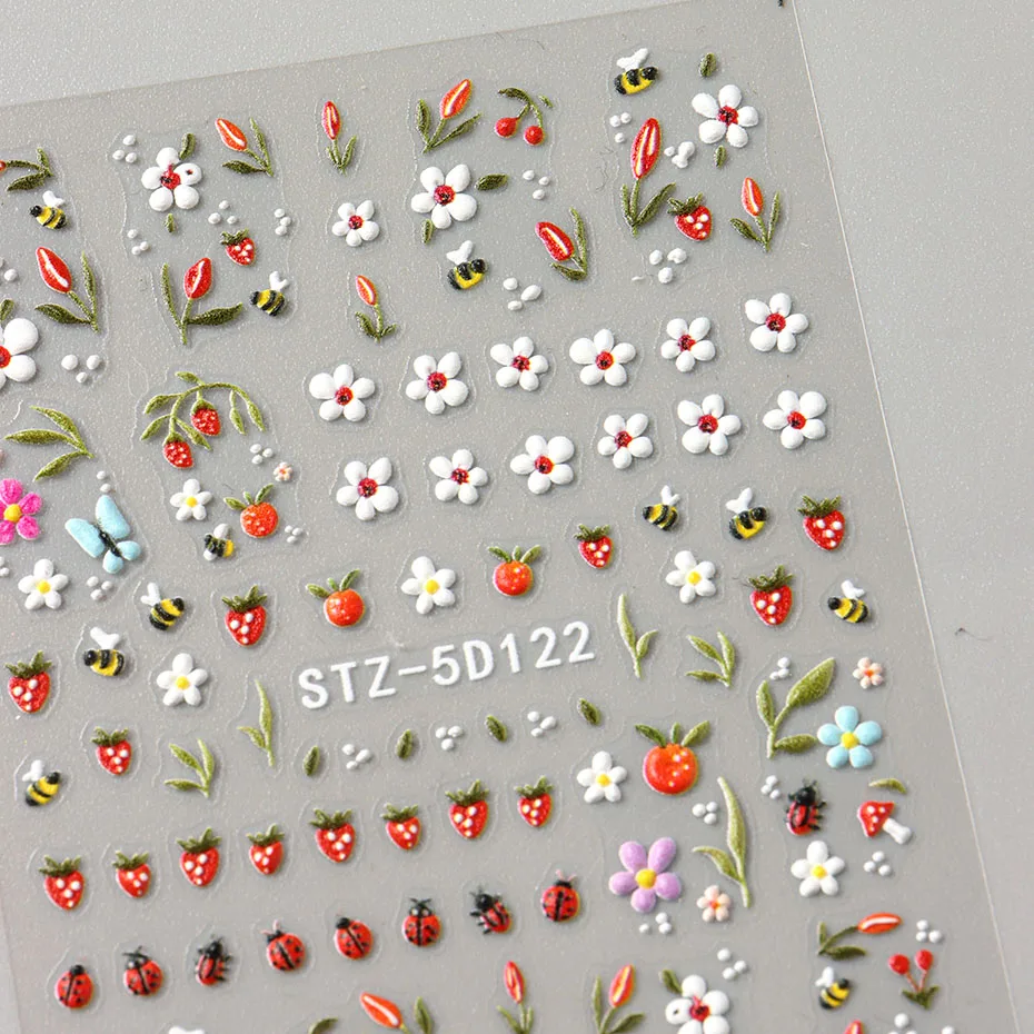 5D carino margherita ape coccinella adesivi per unghie in rilievo floreale cartone animato nail art decalcomanie primavera estate cursori adesivi manicure