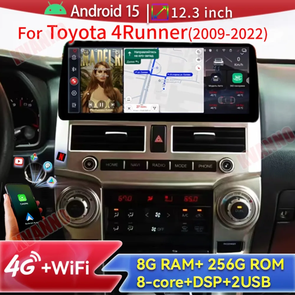 راديو سيارة يعمل بنظام أندرويد 15 بشاشة 12.3 بوصة ومعالج ثماني النواة وذاكرة وصول عشوائي (RAM) سعة 8 جيجابايت وذاكرة قراءة فقط 256 جيجابايت لسيارة تويوتا 4 رانر 2009-2022، مشغل وسائط متعددة، شاشة كار بلاي، نظام تحديد ا #1