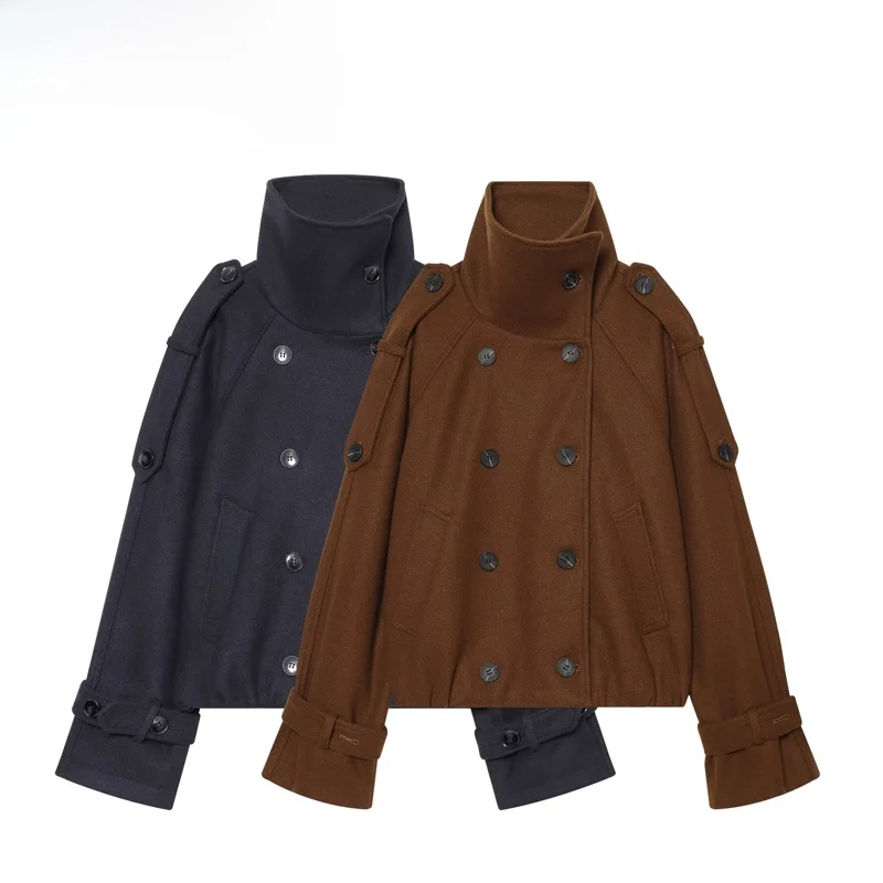 Fashionable Double-Breasted Chimney-Neck Jacket Women's Stylish Versatile Outerwear Polyester Fiber Long Sleeve Short Length