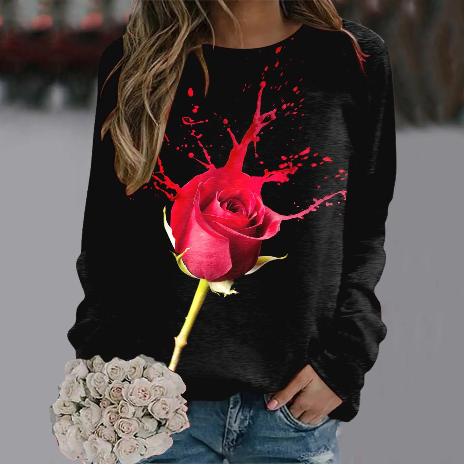 

Rose Print Graphic Women's Pullovers Sweater 2024 y2k Long Sleeve Round Neck Casual Sweatershirt Valentine's Day Ropa De Mujer