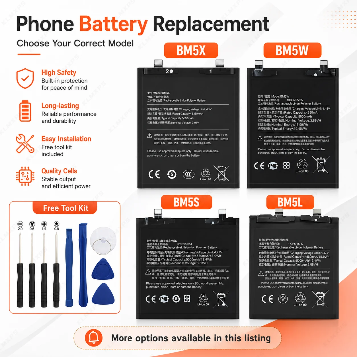 Replacement BM5L BM5S BM5W BM5X Battery for Xiaomi Redmi K60 K70 Pro K60 Ultra Mi 13T Pro K70E POCO F6 Pro Tools