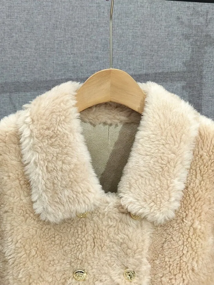 Cappotto da donna Moda 100% lana Giacca lunga Doppio petto Vestibilità ampia Casual Office Lady Inverno Caldo risvolto Tosatura delle pecore Soprabito