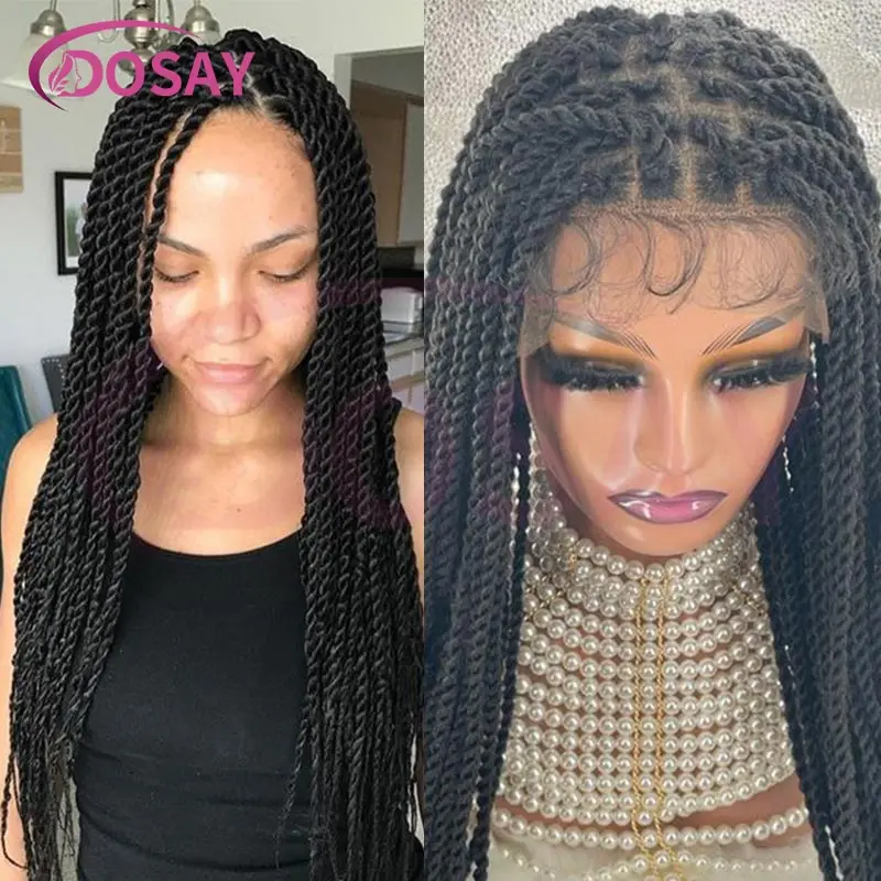 

36-дюймовый синтетический сенегальский плетеный парик, полный кружевной передний парик без узлов, искусственные локоны для чернокожих женщин, парик с натуральной линией волос, плетение волос