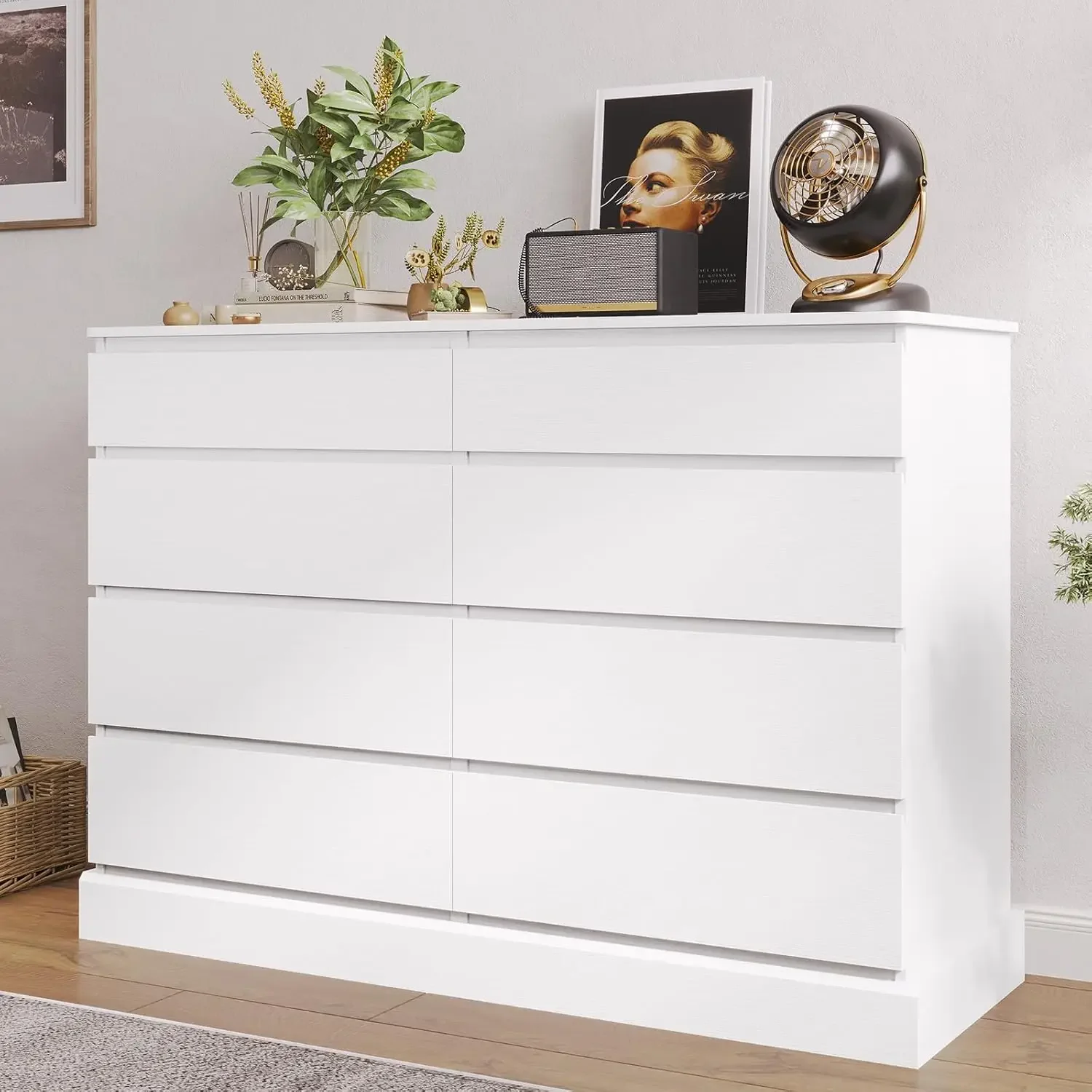 White Dresser for Bedroom, Long Dresser with 8 Drawers, 51.5''W Wooden Dresser Chest of 8 Drawers