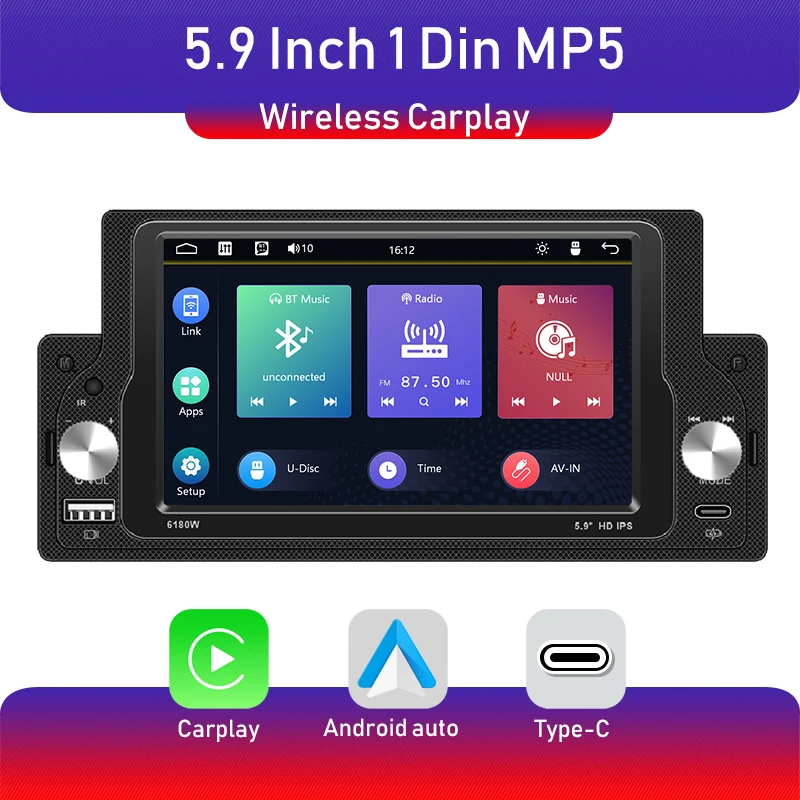 5.9-inch 1DIN touch screen MP5 multimedia player Universal car radio supports wireless carplay Android auto BT FM USB SWC