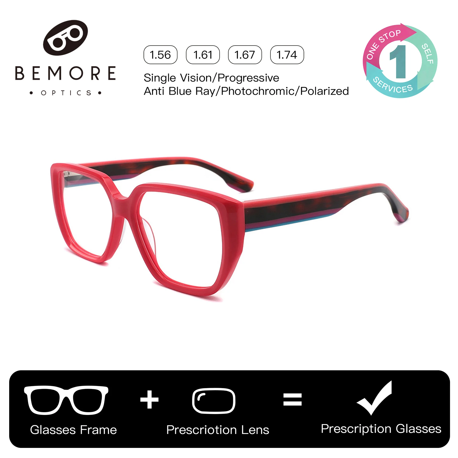 

BEMORE Custom Square Handmade Acetate Optical Glasses with Recipe Progressive Anti-Blue Light Photochromic Prescription Eyewear