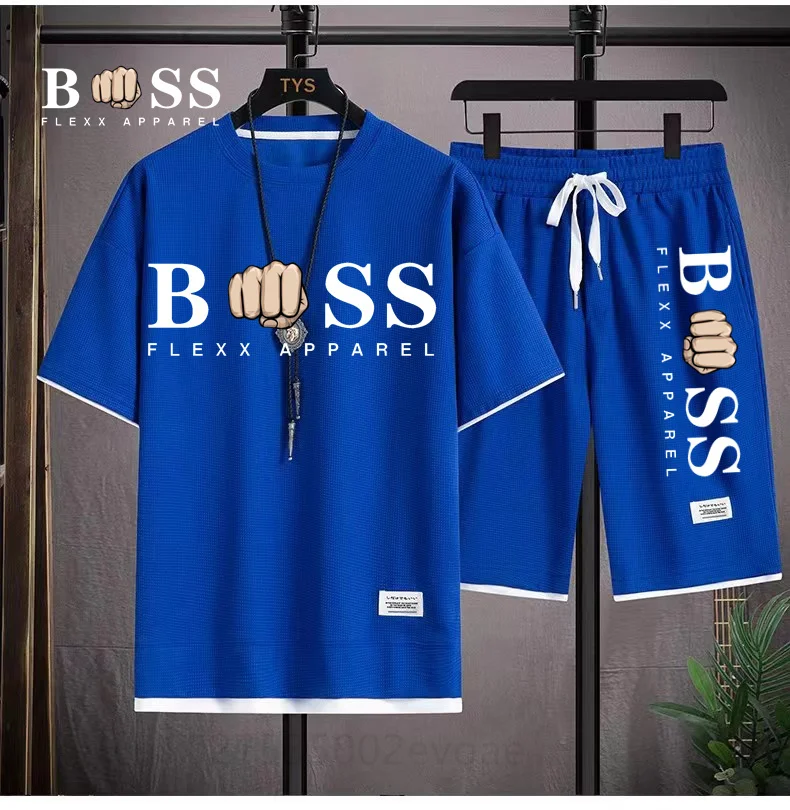 BSS FLEXX APPAREL Men's Two Piece Casual T-shirt and Shorts Set Men's Sports Set Fashion Short sleeved Sports Set Men's Set