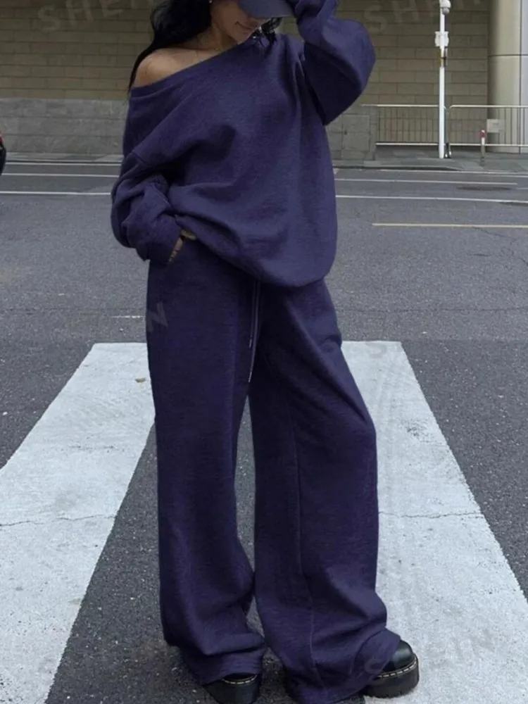 ชุดกางเกงสีพื้นสำหรับผู้หญิง ฤดูใบไม้ร่วงและฤดูหนาว สไตล์ลำลองแบบสปอร์ต เสื้อคอกลมทรงหลวม กางเกงขายาวทรงกว้าง ชุดสองชิ้น