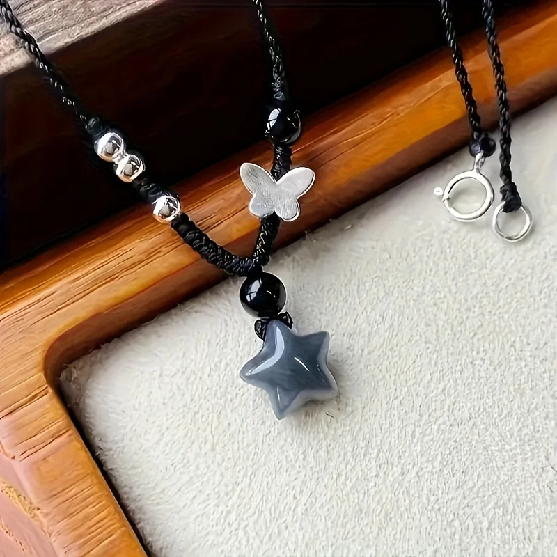 Vintage Black Rope Chain Short Necklace Korean Acrylic Star Pendant Necklace Women\'s Casual Fashion Party Jewelry