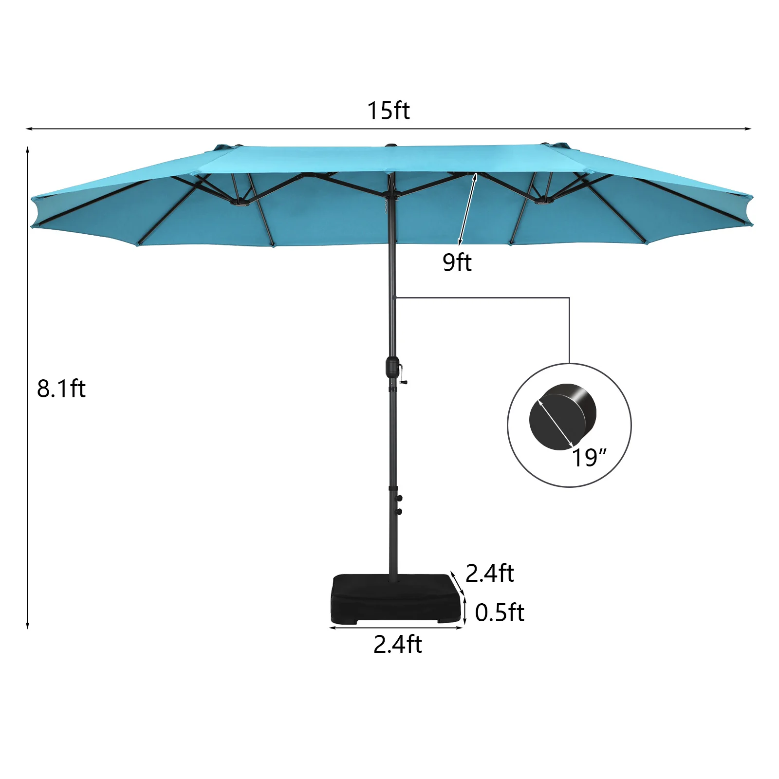 15ft doppelseitiger Doppel-Sonnenschirm Sonnenschutz Outdoor Kurbel Markt Türkis