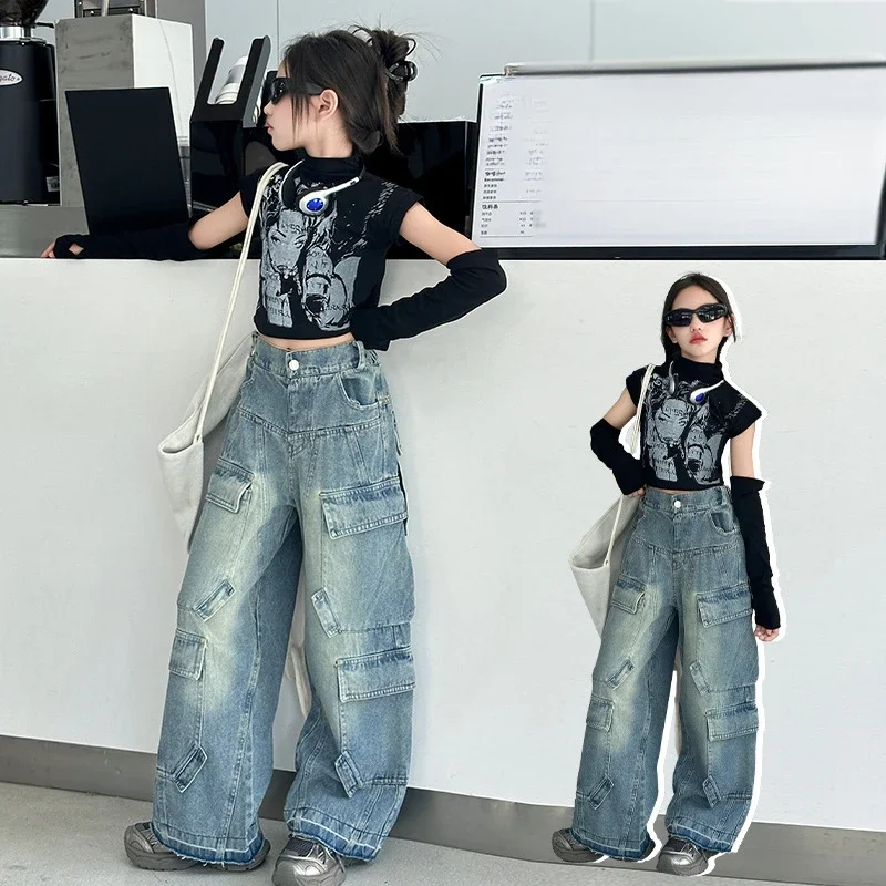 

Girls Suits Fall American High-waisted Street Vintage Wide-leg Jeans 2024 Black Top Two-piece Set European Fashion Style