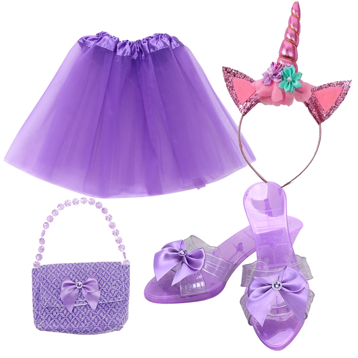 Princess chiffon dress handbag high heels unicorn headband accessory set