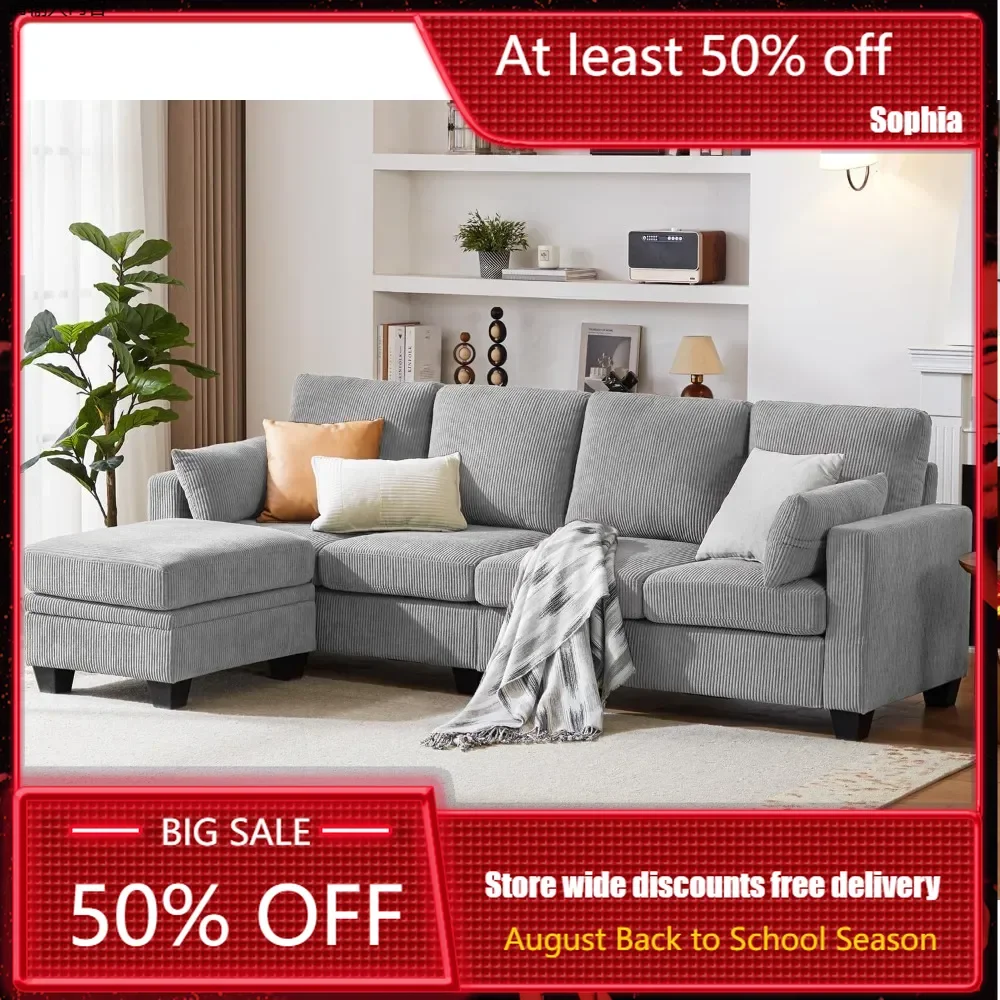 Corduroy sofa with ottoman, chaise longue, L-shaped 4-seater sofa for living room, lounge, armrest neck support furniture