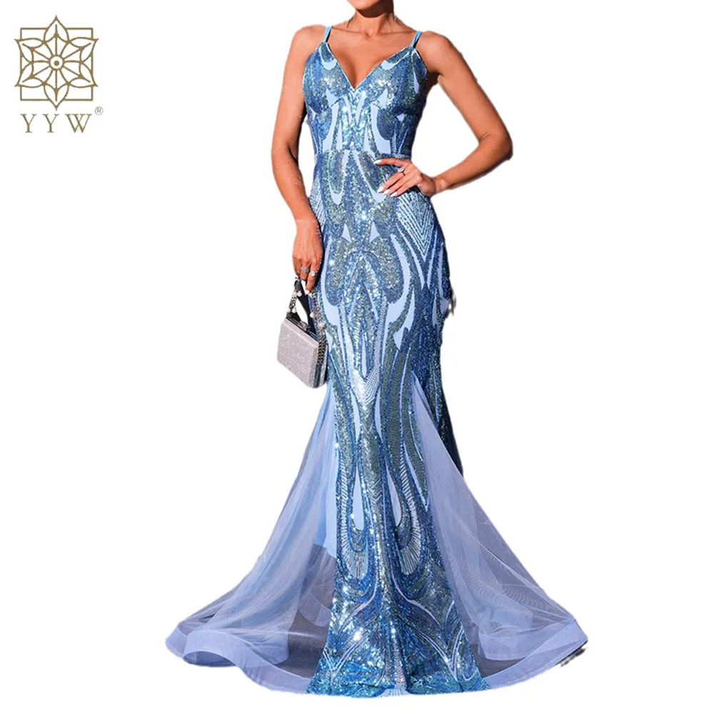 

Sexy Backless Blue Sequin Summer Dress Women Elegant Luxury Fishtail Wedding Party Dress Long Birthday Evening Dresses Fashion