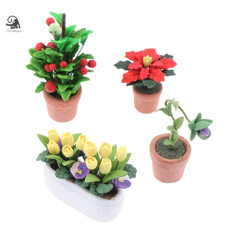 

1:12 Dollhouse Miniature Potted Plants Tulip Flower Pot Fortune Fruit Bonsai Model Garden Home Decor Toy Doll House Accessories