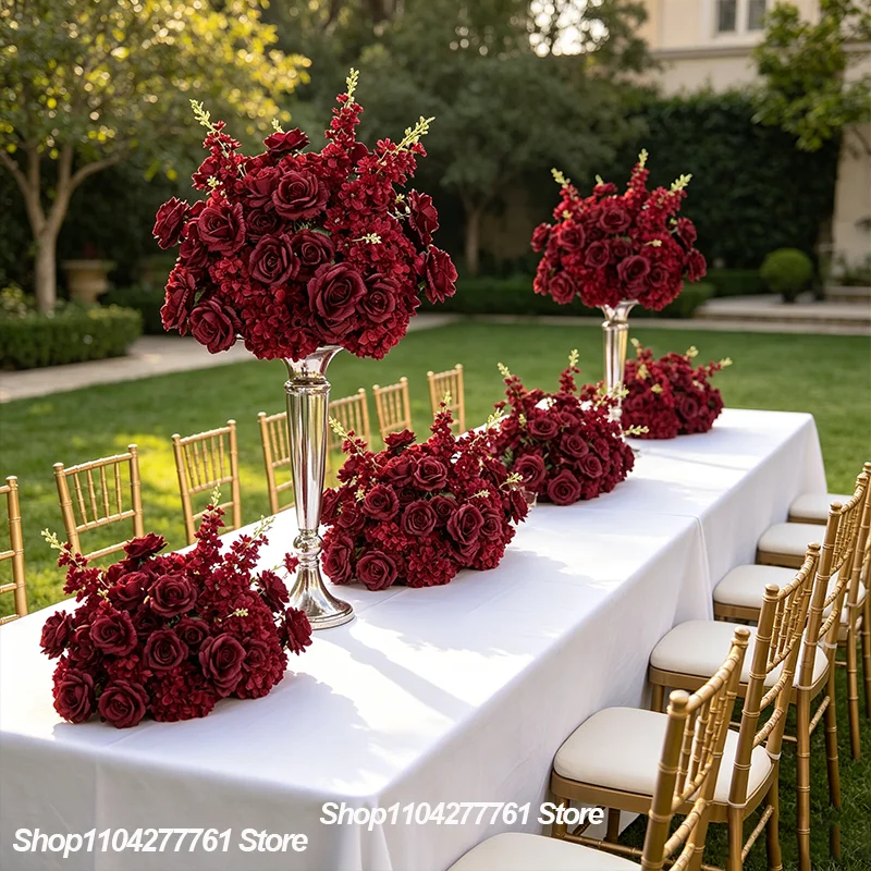 Burgunderrote Rosen Künstliche Blumen Tischdekoration Dunkelrotes Blumenarrangement Hochzeit Esstisch Deko Party Bankett Event Dekoration – Detail 4