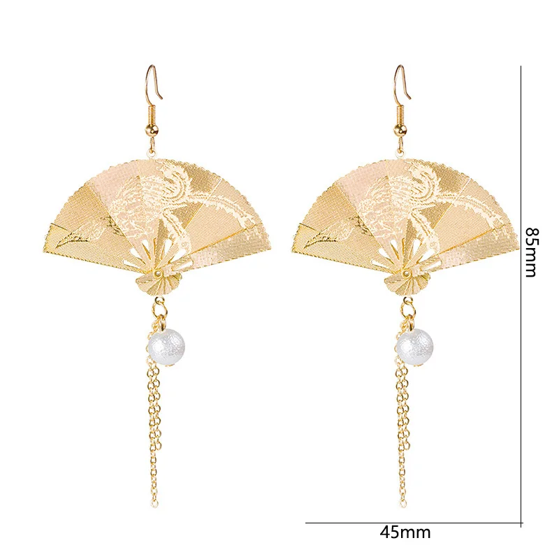 Chinese Retro Carved Phoenix Foldable Folding Fan Handing Earrings for Women Without Piercing Mosquito Coil Clip Tassel Earrings