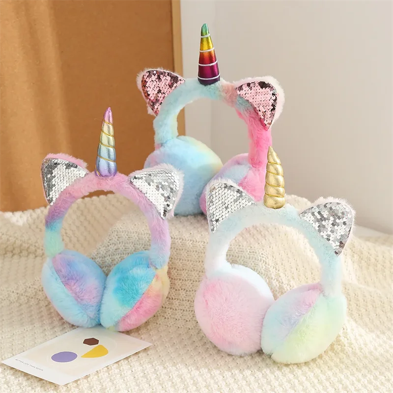 Winter Warm Children Kids Cute Unicorn Earmuffs Sequin Cat Ears Fluffy Ear-Muffs Cover Fur Plush Headband Gilrls Tie-dye Earflap