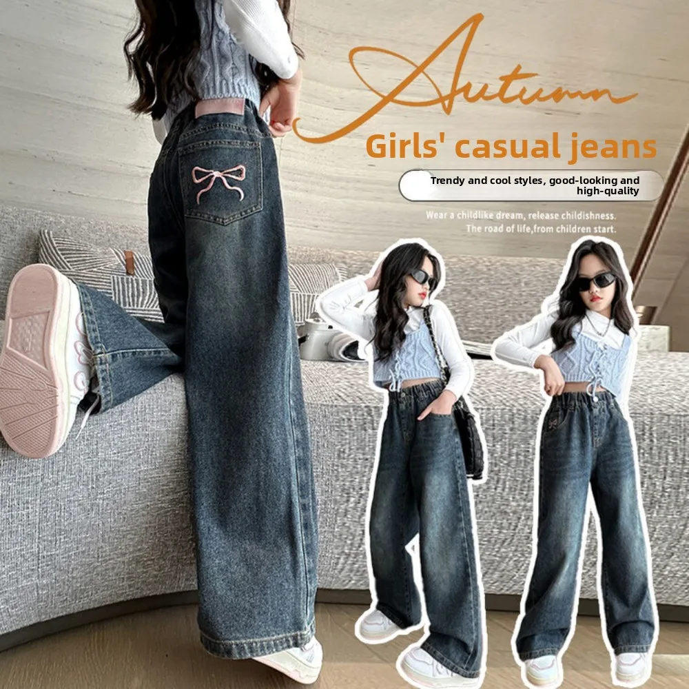Ins Bowknot enfants jean ample droit enfants Y2K jean Cowboy pantalon taille haute petites filles Denim pantalon filles cadeau