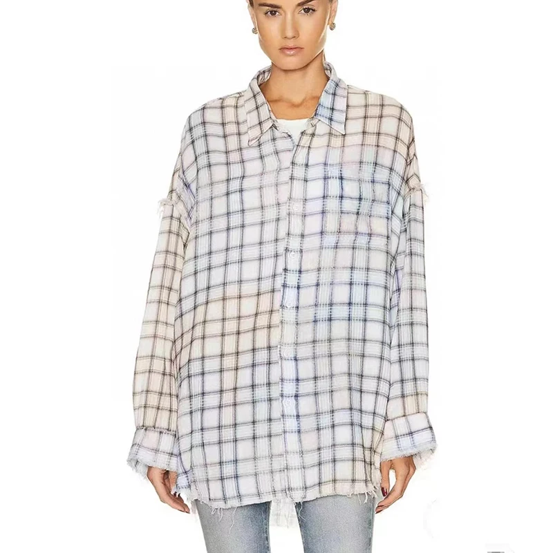 Raw Edge Checked Women\'s Casual Shirt,Fashionable and versatile,High-quality cotton blouse,Y2K,Spring,New,2024