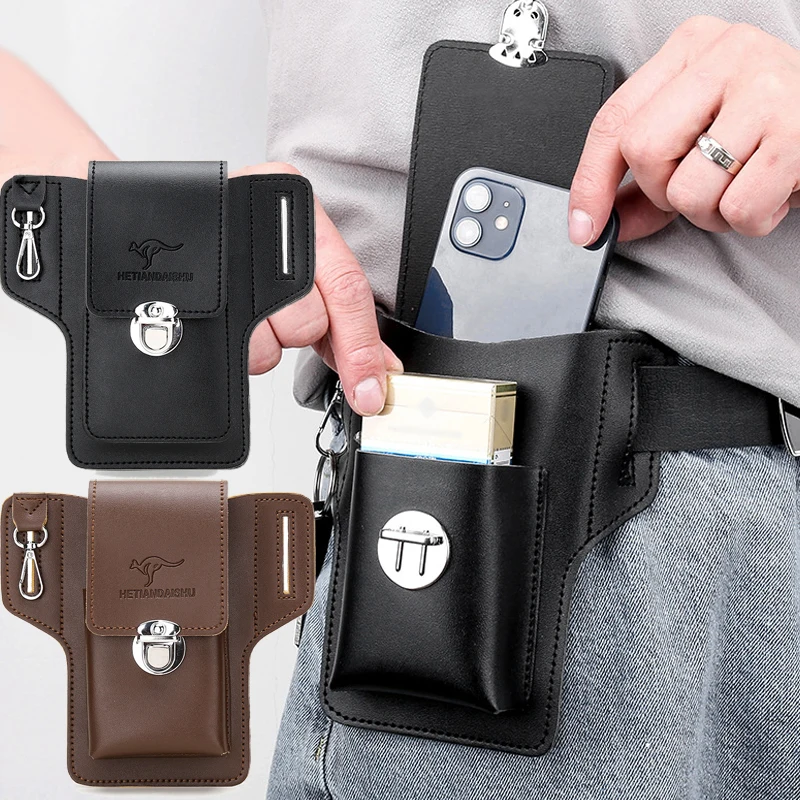 Vintage Leather Waist Bag Cellphone Loop Holster Mens Belt Bag Phone Pouch Wallet  Phone Case for IPhone Samsung Huawei General