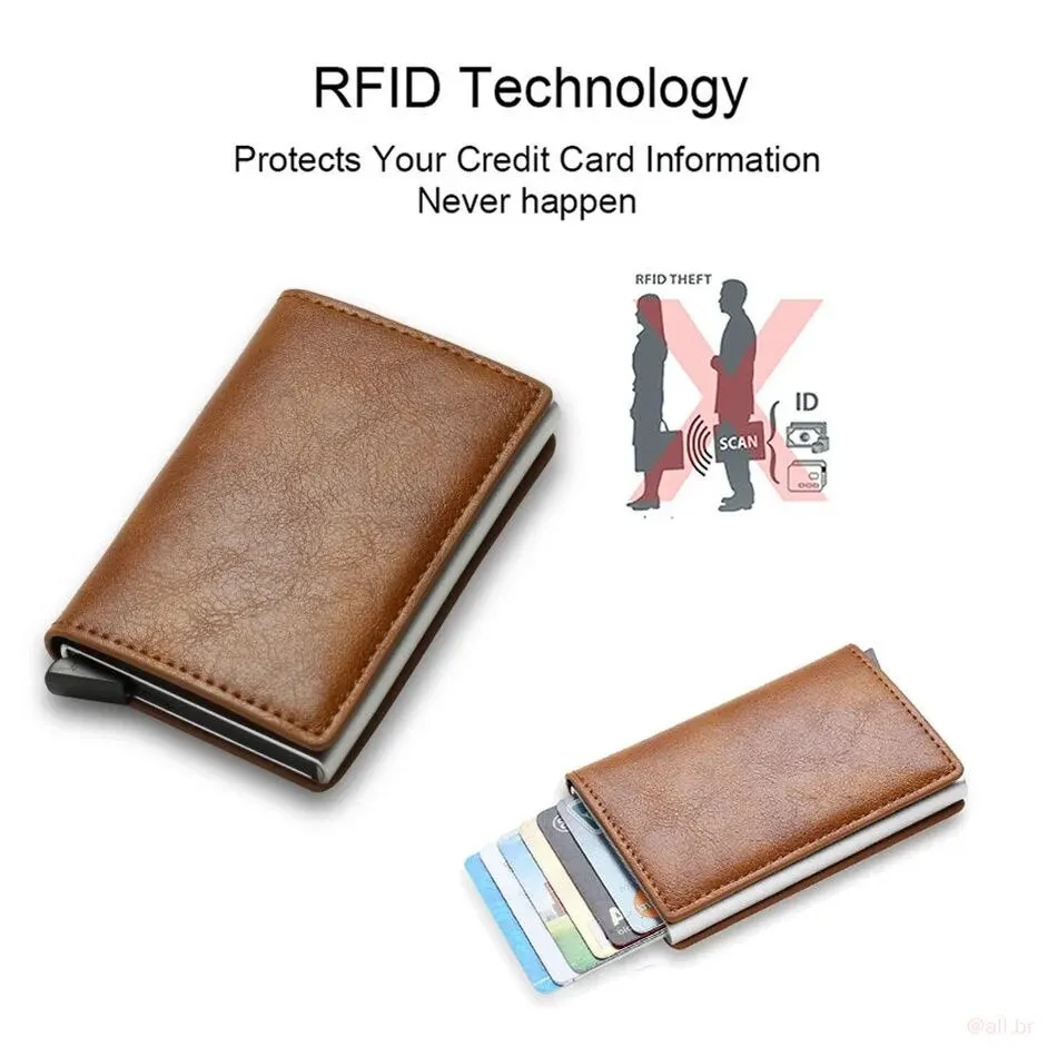 Dompet tempat kartu pria pemblokir RFID minimalis, paduan timbal, kulit PU non-kepang, HITAM