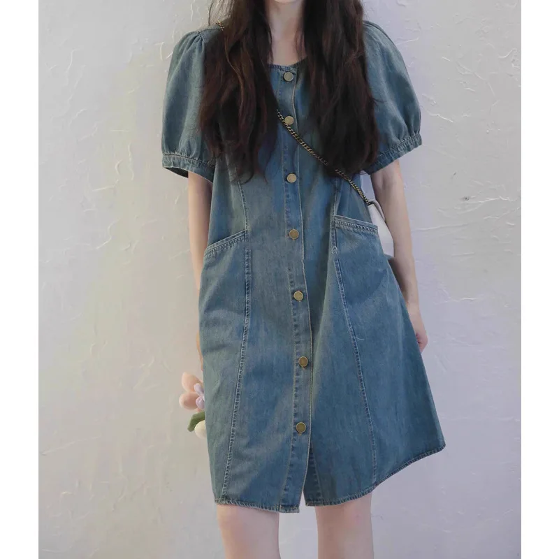 

New Design French Blue Puff Sleeve Elegant Dress Women'S Summer Loose Dress