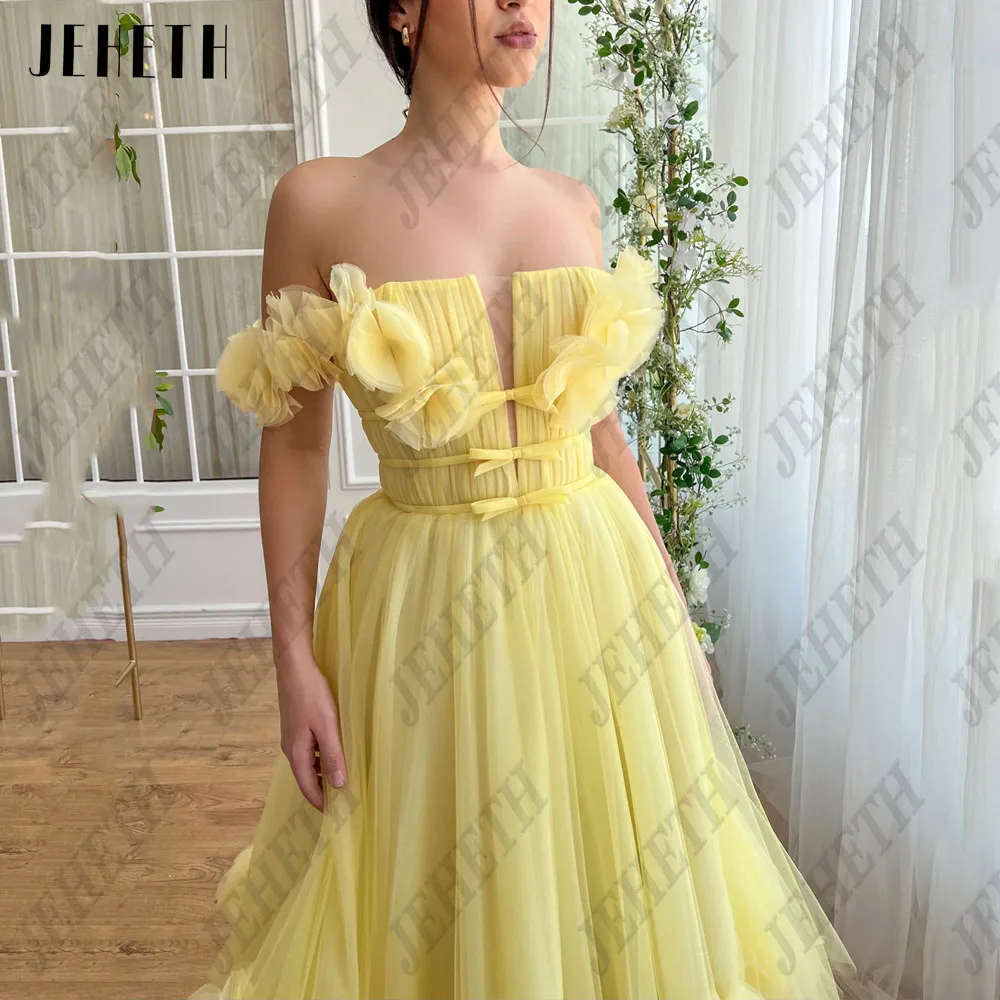 JEHETH V-Neck 3D Flowers Prom Dresses 2024 A-Line Ankle Length Off Shoulder Tulle Yellow Lace Up Formal Party Gowns For Woman