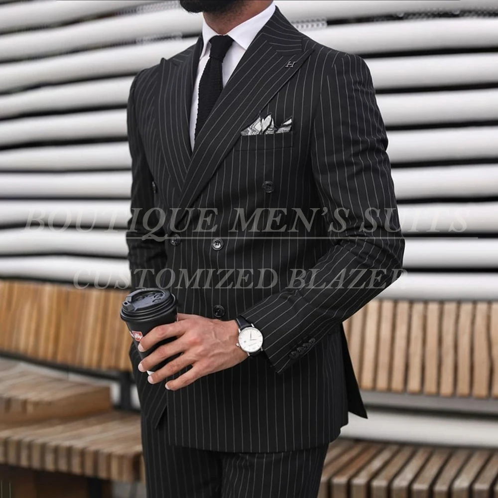 

Double Breasted Men's Suits Pinstripe Peak Lapel Back Vent Male Clothing Customzied Slim Fit Smart Casual 2 Piece Jacket Pants