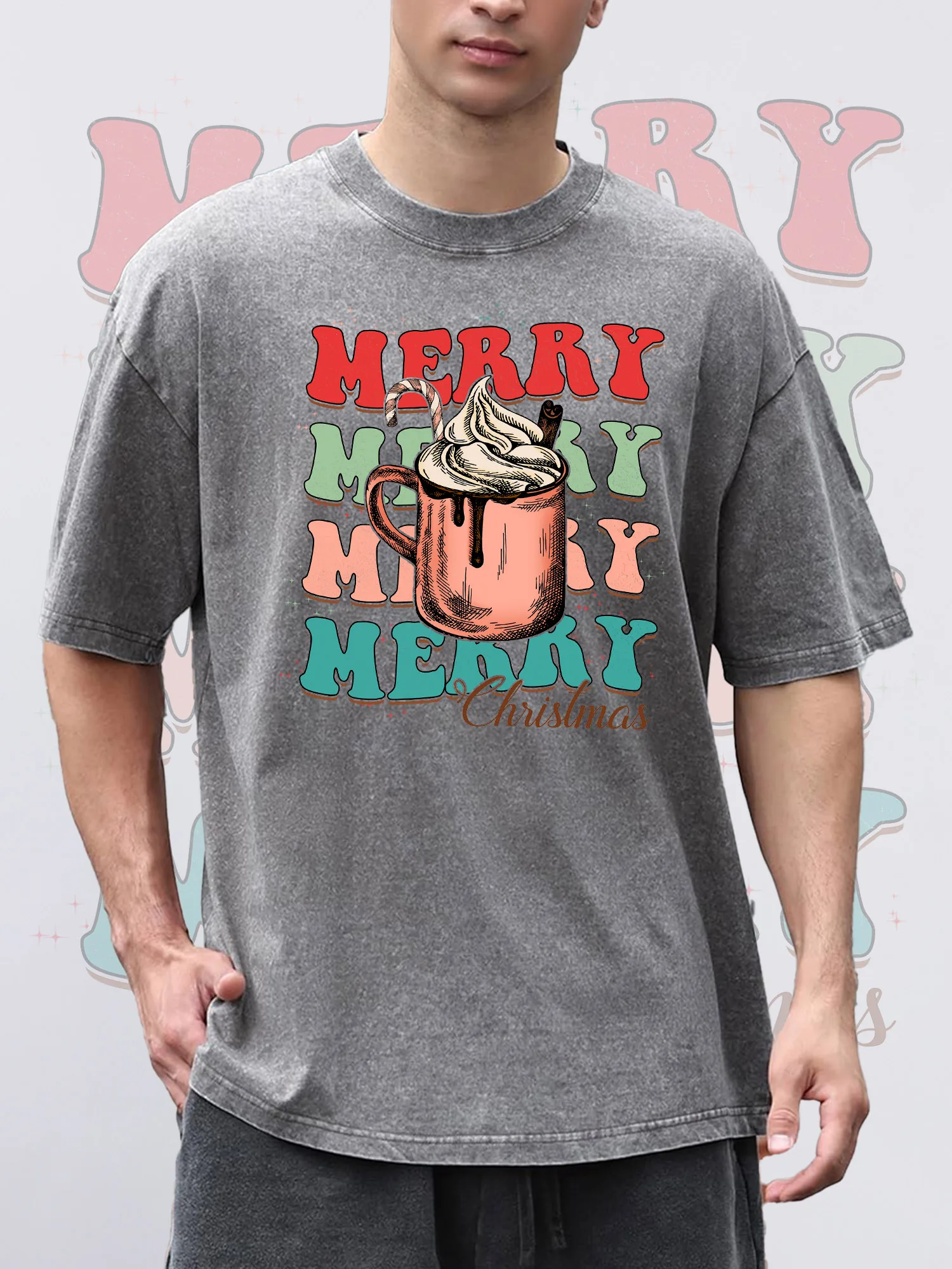 

Men's T-Shirts MERRY Printed Grey Short-Sleeve Crew Neck Loose Summer 100% Cotton Acid Washed Christmas Theme T-Shirt