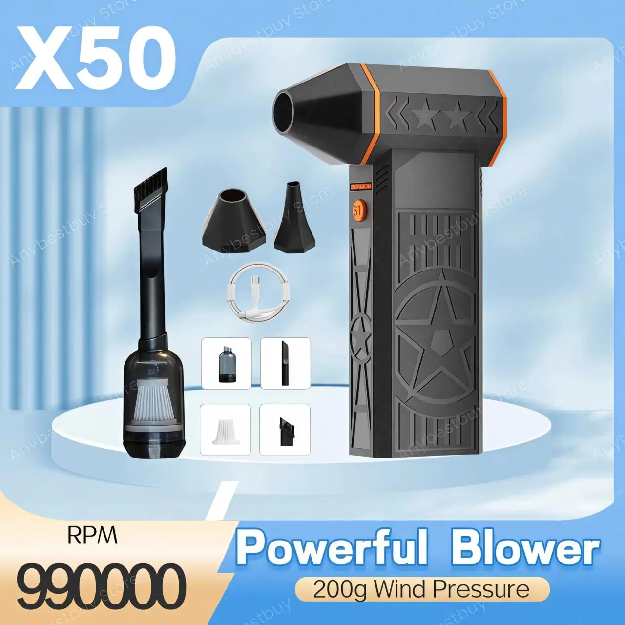 X50 منفاخ توربو قوي 200 جرام ضغط الرياح عالي السرعة تدفق هواء قوي بدون فرش توربو منفاخ مروحة تربو قابلة لإعادة الشحن 8000 مللي أمبير في الساعة
