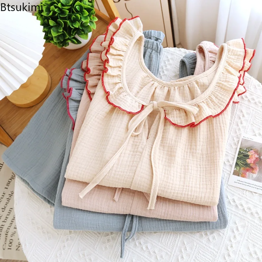 2025 Summer Women's Pajama Set Crepe Cotton Yarn Ruffle Edge Camisole Shorts Suit Lace Pullover with Pocket Home Wear for Women
