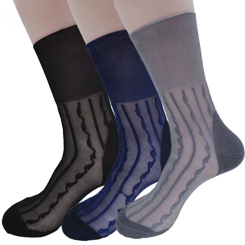 3 Pairs Men Socks Nylon Jacquard Comfortable Summer Ultra Thin Transparent Classic Black Business Dress Socks Men Mid Tube Socks