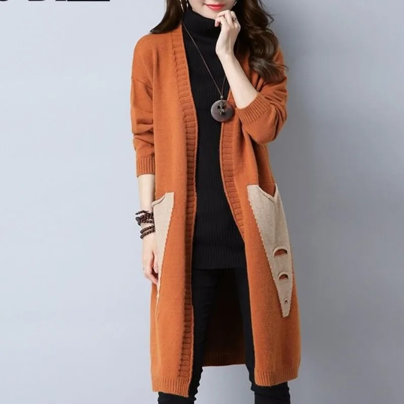 Women\'s Sweaters Cardigan Midi Sweater Autumn and Winter New Korean V-neck Long Sleeve Pocket Patchwork Knitted Stylish Coat