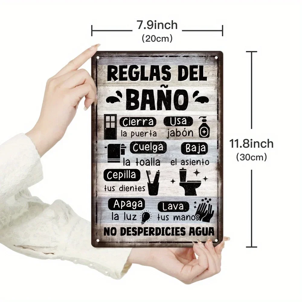 Spanish Vintage Bathroom Rules Metal Sign | Classic Wall Decor | No Power Needed Easy Hang | for Farmhouse, Home