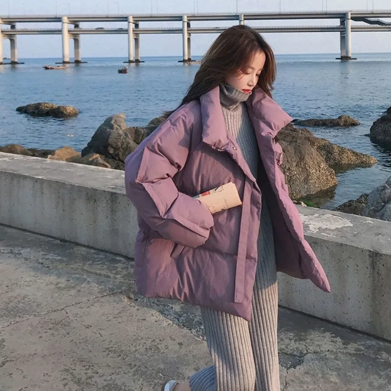 Women Korean Cute Stand Collar Cotton Coat Short Warm Winter Padded Jacket For Petite Students