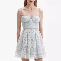 2024 spring and summer new mint green water-soluble lace rhinestone suspender dress y2k high quality fashion casual mini skirt