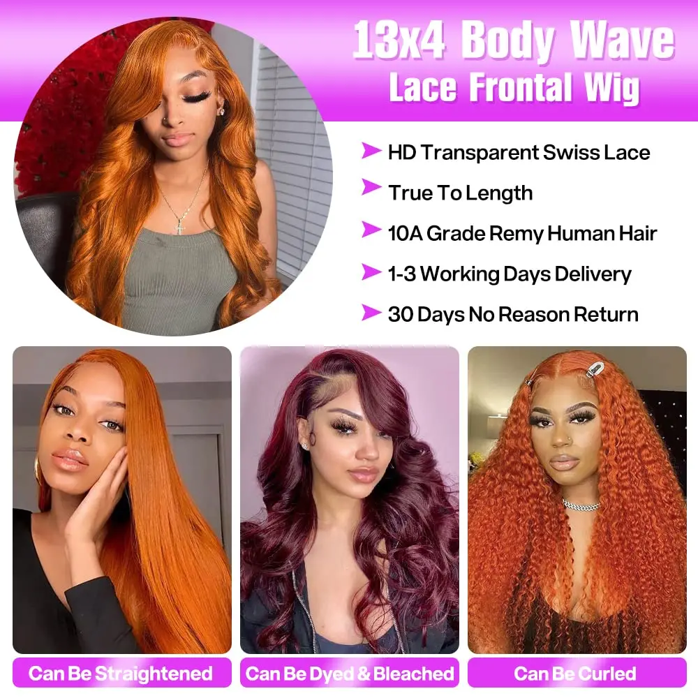 Wig renda depan gelombang jahe 13x6 rambut manusia 13x4 Wig Frontal renda transparan untuk wanita Wig jahe oranye pra pencabutan