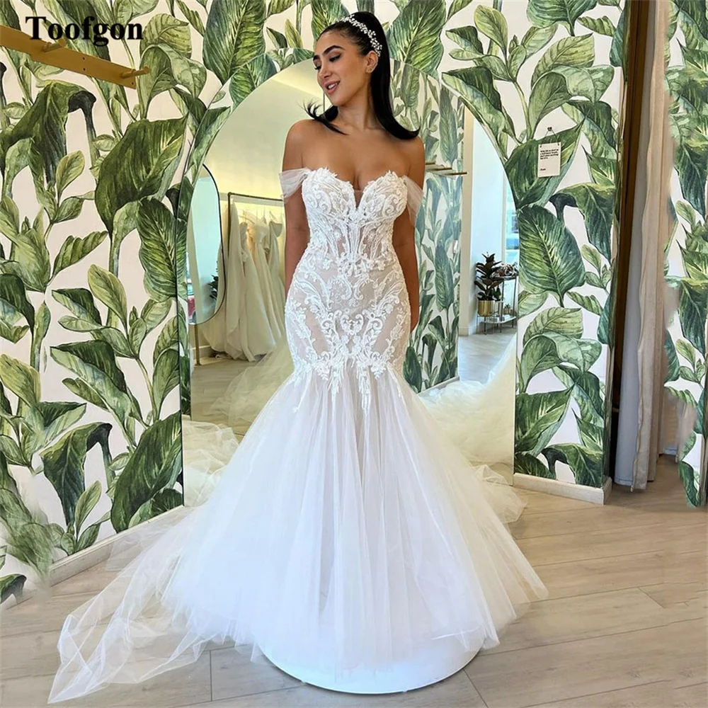 

Toofgon Mermaid Appliques Lace Wedding Dresses Off The Shoulder Bridal Gowns Fishtail Formal Bride Party Dress Women Party Gowns