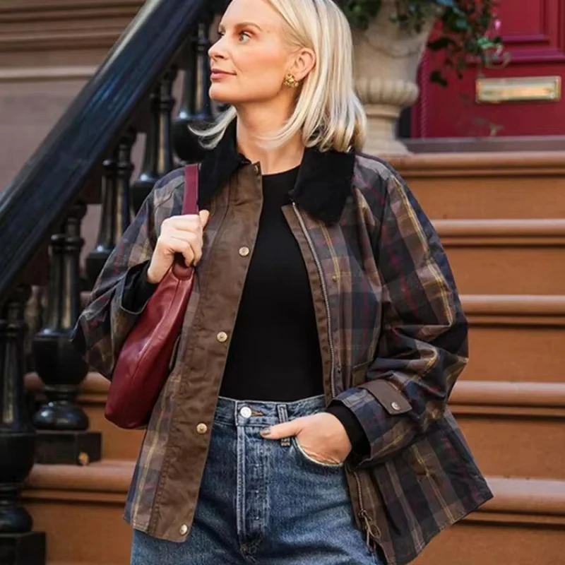 

Vintage Plaid Patchwork Casual Jacket Lapel Long Sleeve Coat Single Breasted O Neck Outerwear 2025 Autumn Lady High Street Coats