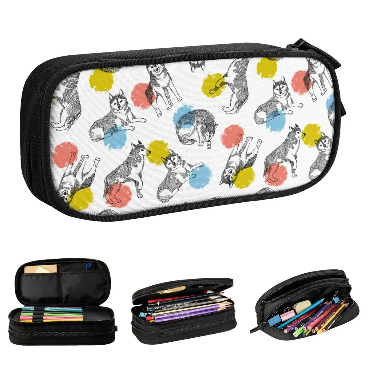 

Cute Husky And Colorful Circles Animal Funny Pencil Case Dog Pencilcases Pen Box Large Storage Bag Students School Stationery